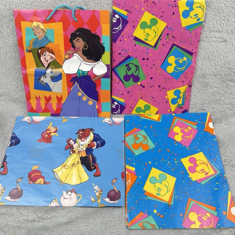 Vintage Disney Wrapping Paper Bag Lot‎ Of 4 Mickey Beauty Beast Hunchback 1990s